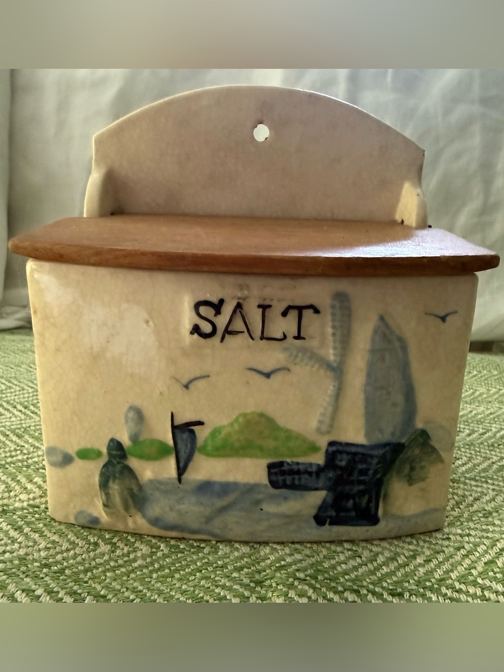 Vintage Ceramic Salt Box with Hand-Painted, Japan - Cream and Blue
